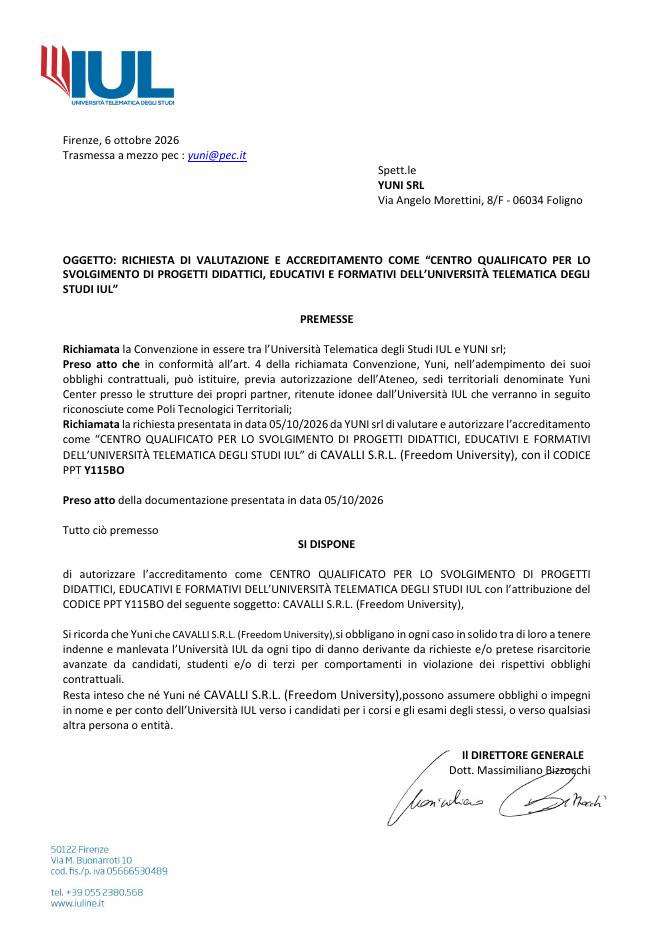 Disposizione di accreditamento IUL, 6 ottobre 2026, codice PPT Y115BO