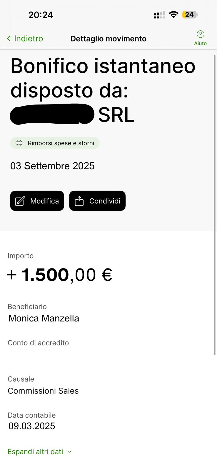 Il primo bonifico del 3 settembre 2025, oscurato
